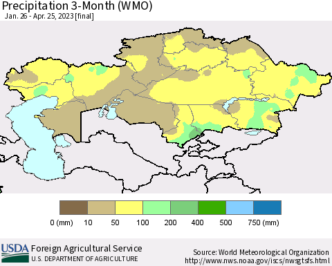 Kazakhstan Precipitation 3-Month (WMO) Thematic Map For 1/26/2023 - 4/25/2023