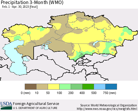 Kazakhstan Precipitation 3-Month (WMO) Thematic Map For 2/1/2023 - 4/30/2023