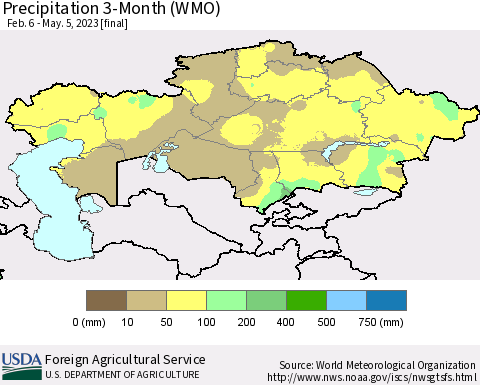 Kazakhstan Precipitation 3-Month (WMO) Thematic Map For 2/6/2023 - 5/5/2023