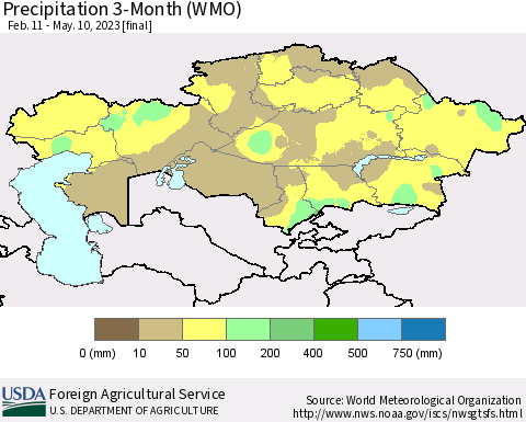 Kazakhstan Precipitation 3-Month (WMO) Thematic Map For 2/11/2023 - 5/10/2023