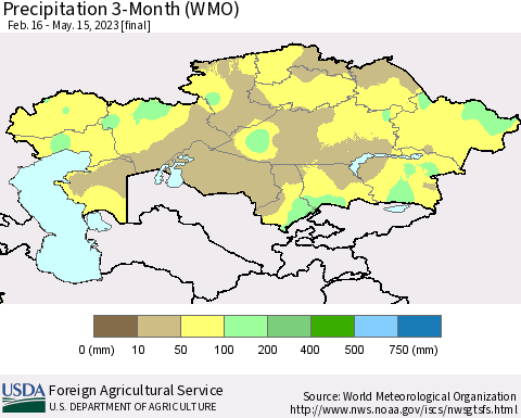 Kazakhstan Precipitation 3-Month (WMO) Thematic Map For 2/16/2023 - 5/15/2023