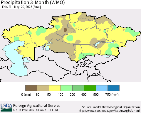 Kazakhstan Precipitation 3-Month (WMO) Thematic Map For 2/21/2023 - 5/20/2023