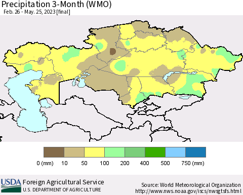 Kazakhstan Precipitation 3-Month (WMO) Thematic Map For 2/26/2023 - 5/25/2023