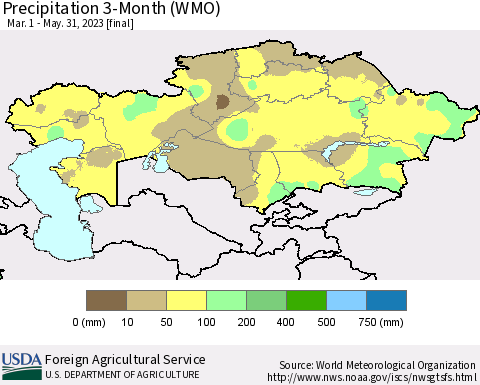 Kazakhstan Precipitation 3-Month (WMO) Thematic Map For 3/1/2023 - 5/31/2023