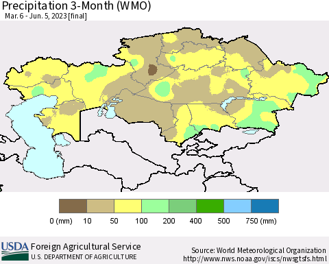 Kazakhstan Precipitation 3-Month (WMO) Thematic Map For 3/6/2023 - 6/5/2023