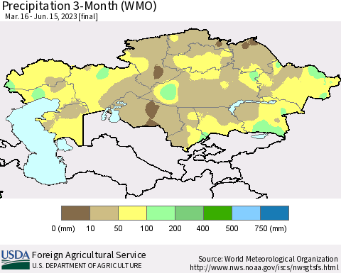 Kazakhstan Precipitation 3-Month (WMO) Thematic Map For 3/16/2023 - 6/15/2023