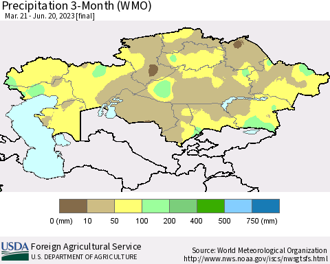 Kazakhstan Precipitation 3-Month (WMO) Thematic Map For 3/21/2023 - 6/20/2023
