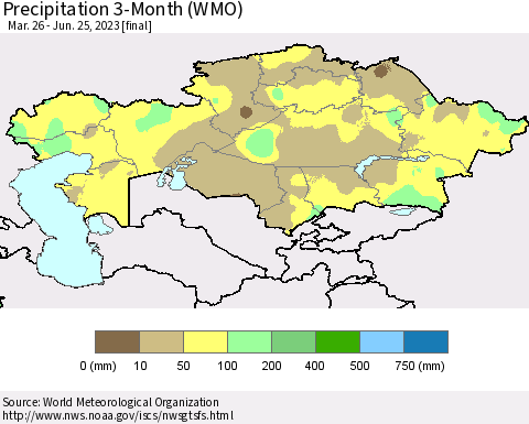 Kazakhstan Precipitation 3-Month (WMO) Thematic Map For 3/26/2023 - 6/25/2023