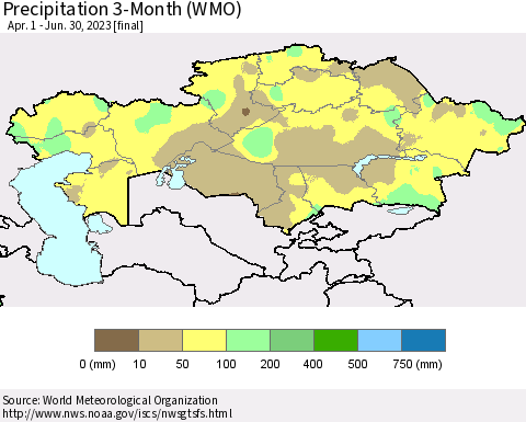 Kazakhstan Precipitation 3-Month (WMO) Thematic Map For 4/1/2023 - 6/30/2023
