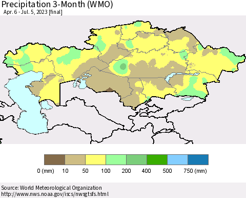 Kazakhstan Precipitation 3-Month (WMO) Thematic Map For 4/6/2023 - 7/5/2023