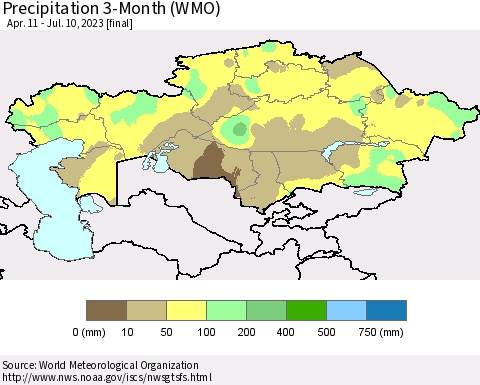 Kazakhstan Precipitation 3-Month (WMO) Thematic Map For 4/11/2023 - 7/10/2023