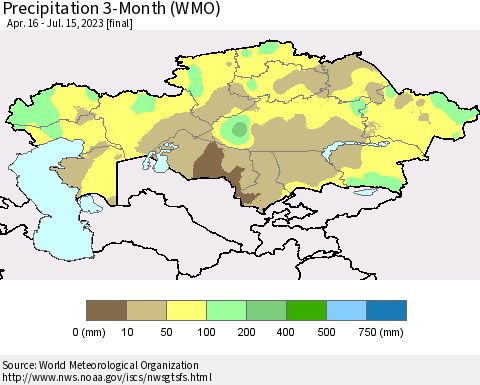 Kazakhstan Precipitation 3-Month (WMO) Thematic Map For 4/16/2023 - 7/15/2023