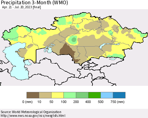 Kazakhstan Precipitation 3-Month (WMO) Thematic Map For 4/21/2023 - 7/20/2023