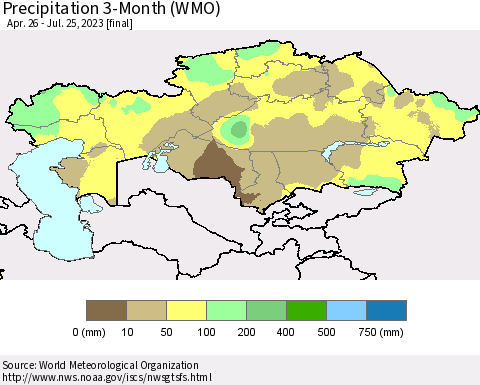 Kazakhstan Precipitation 3-Month (WMO) Thematic Map For 4/26/2023 - 7/25/2023