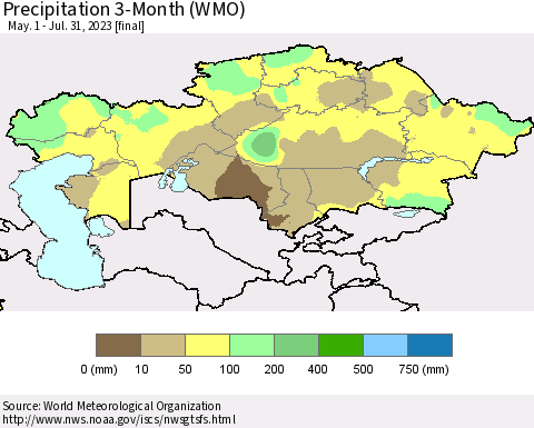 Kazakhstan Precipitation 3-Month (WMO) Thematic Map For 5/1/2023 - 7/31/2023