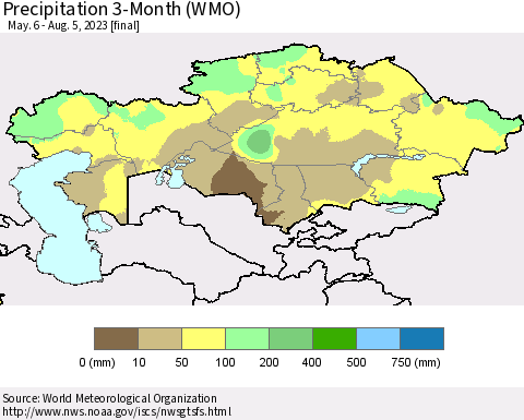 Kazakhstan Precipitation 3-Month (WMO) Thematic Map For 5/6/2023 - 8/5/2023