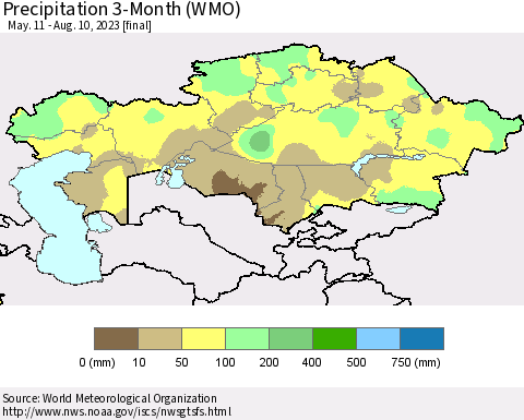 Kazakhstan Precipitation 3-Month (WMO) Thematic Map For 5/11/2023 - 8/10/2023
