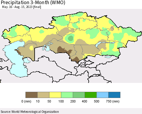 Kazakhstan Precipitation 3-Month (WMO) Thematic Map For 5/16/2023 - 8/15/2023