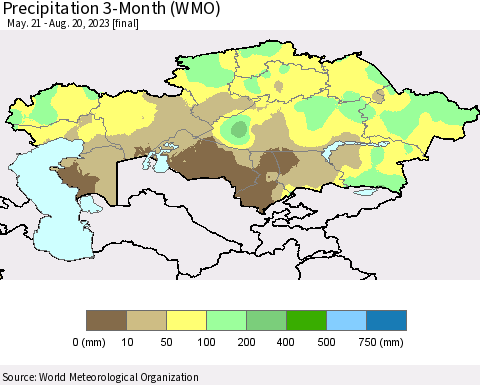 Kazakhstan Precipitation 3-Month (WMO) Thematic Map For 5/21/2023 - 8/20/2023