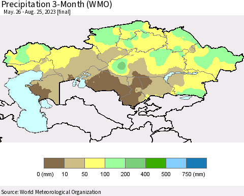 Kazakhstan Precipitation 3-Month (WMO) Thematic Map For 5/26/2023 - 8/25/2023