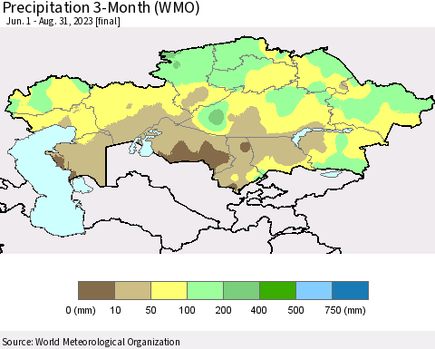 Kazakhstan Precipitation 3-Month (WMO) Thematic Map For 6/1/2023 - 8/31/2023