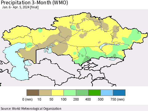 Kazakhstan Precipitation 3-Month (WMO) Thematic Map For 1/6/2024 - 4/5/2024