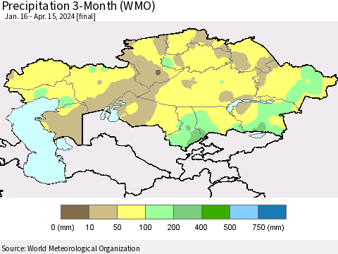 Kazakhstan Precipitation 3-Month (WMO) Thematic Map For 1/16/2024 - 4/15/2024