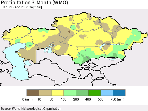 Kazakhstan Precipitation 3-Month (WMO) Thematic Map For 1/21/2024 - 4/20/2024