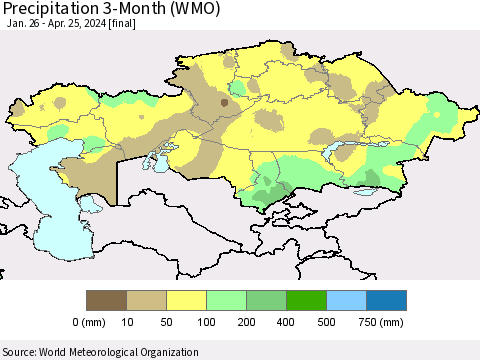 Kazakhstan Precipitation 3-Month (WMO) Thematic Map For 1/26/2024 - 4/25/2024