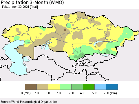 Kazakhstan Precipitation 3-Month (WMO) Thematic Map For 2/1/2024 - 4/30/2024