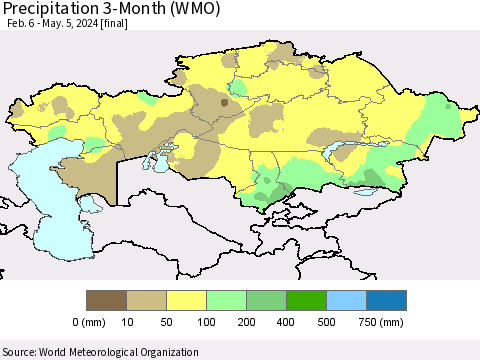 Kazakhstan Precipitation 3-Month (WMO) Thematic Map For 2/6/2024 - 5/5/2024