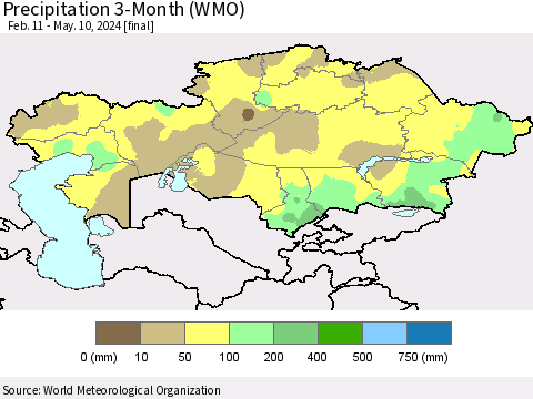 Kazakhstan Precipitation 3-Month (WMO) Thematic Map For 2/11/2024 - 5/10/2024