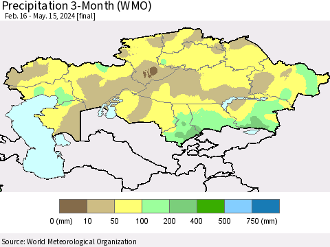 Kazakhstan Precipitation 3-Month (WMO) Thematic Map For 2/16/2024 - 5/15/2024