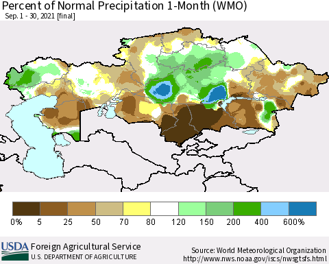 Kazakhstan Percent of Normal Precipitation 1-Month (WMO) Thematic Map For 9/1/2021 - 9/30/2021