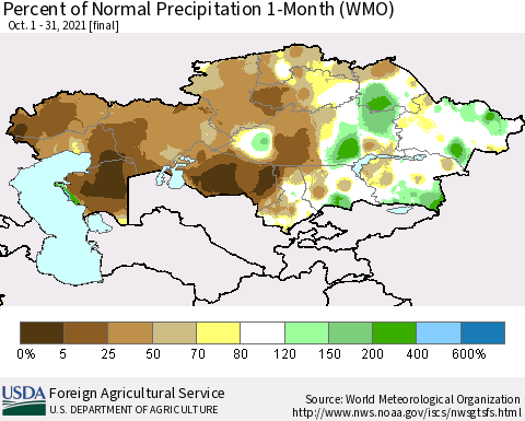 Kazakhstan Percent of Normal Precipitation 1-Month (WMO) Thematic Map For 10/1/2021 - 10/31/2021