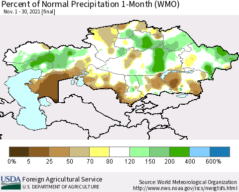 Kazakhstan Percent of Normal Precipitation 1-Month (WMO) Thematic Map For 11/1/2021 - 11/30/2021