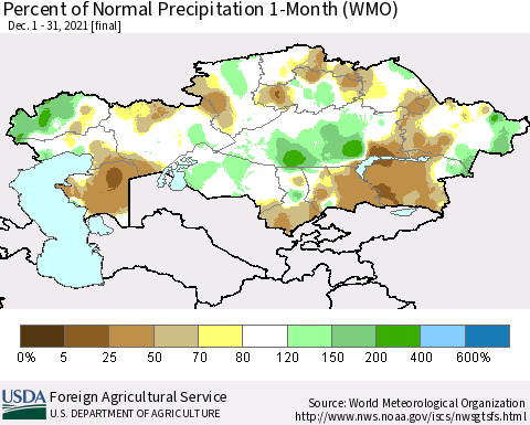 Kazakhstan Percent of Normal Precipitation 1-Month (WMO) Thematic Map For 12/1/2021 - 12/31/2021