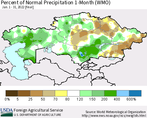 Kazakhstan Percent of Normal Precipitation 1-Month (WMO) Thematic Map For 1/1/2022 - 1/31/2022