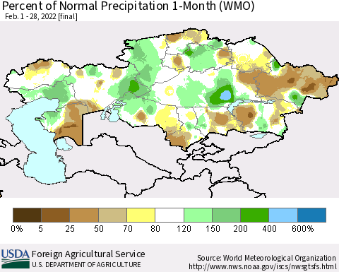 Kazakhstan Percent of Normal Precipitation 1-Month (WMO) Thematic Map For 2/1/2022 - 2/28/2022