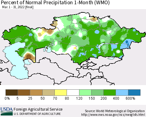 Kazakhstan Percent of Normal Precipitation 1-Month (WMO) Thematic Map For 3/1/2022 - 3/31/2022