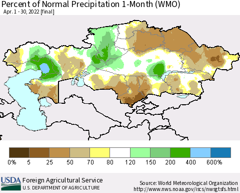 Kazakhstan Percent of Normal Precipitation 1-Month (WMO) Thematic Map For 4/1/2022 - 4/30/2022