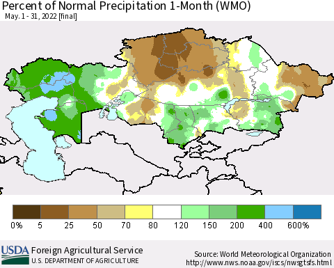 Kazakhstan Percent of Normal Precipitation 1-Month (WMO) Thematic Map For 5/1/2022 - 5/31/2022