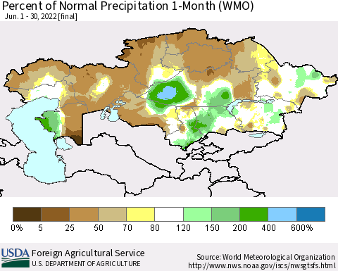 Kazakhstan Percent of Normal Precipitation 1-Month (WMO) Thematic Map For 6/1/2022 - 6/30/2022