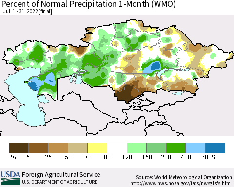 Kazakhstan Percent of Normal Precipitation 1-Month (WMO) Thematic Map For 7/1/2022 - 7/31/2022