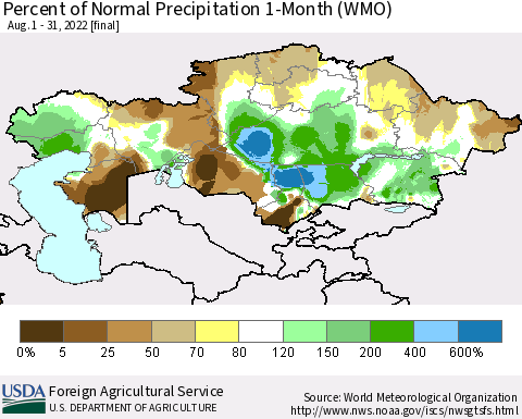 Kazakhstan Percent of Normal Precipitation 1-Month (WMO) Thematic Map For 8/1/2022 - 8/31/2022