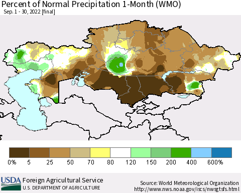 Kazakhstan Percent of Normal Precipitation 1-Month (WMO) Thematic Map For 9/1/2022 - 9/30/2022
