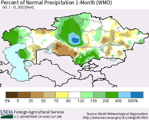 Kazakhstan Percent of Normal Precipitation 1-Month (WMO) Thematic Map For 10/1/2022 - 10/31/2022