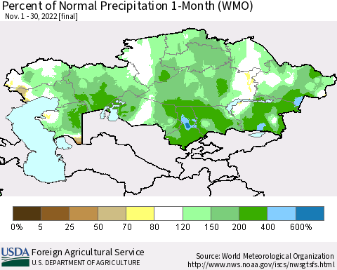 Kazakhstan Percent of Normal Precipitation 1-Month (WMO) Thematic Map For 11/1/2022 - 11/30/2022