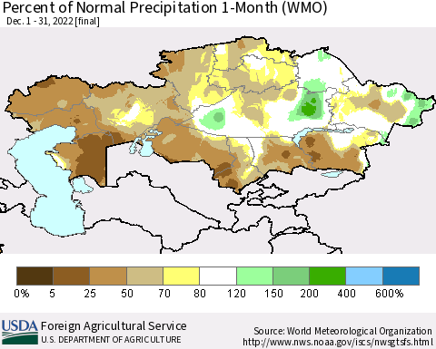Kazakhstan Percent of Normal Precipitation 1-Month (WMO) Thematic Map For 12/1/2022 - 12/31/2022
