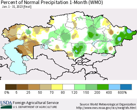 Kazakhstan Percent of Normal Precipitation 1-Month (WMO) Thematic Map For 1/1/2023 - 1/31/2023